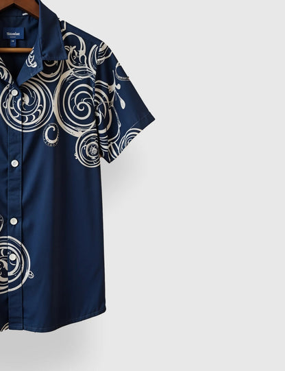 Navy Blue Geometric Printed Designer Men’s Half Sleeve Shirt