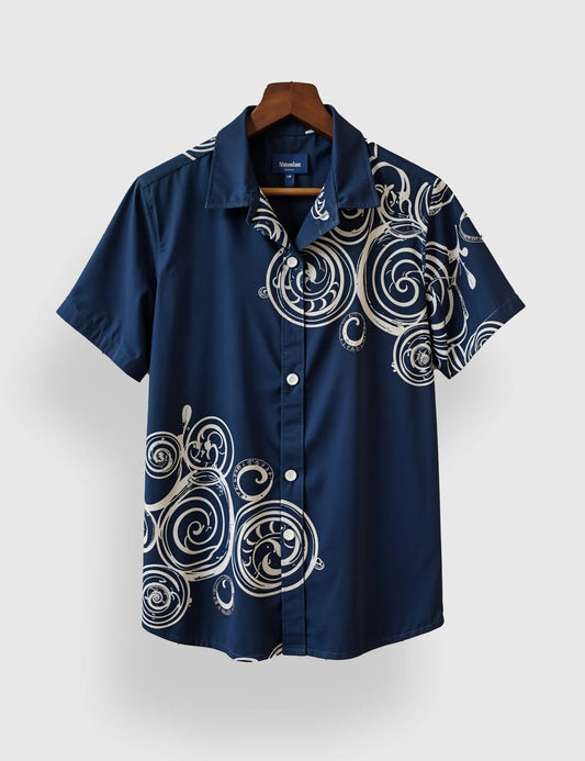 Navy Blue Geometric Printed Designer Men’s Half Sleeve Shirt