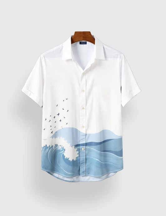 White & Blue Ocean Wave Printed Men’s Half Sleeve Shirt – Summer Collection