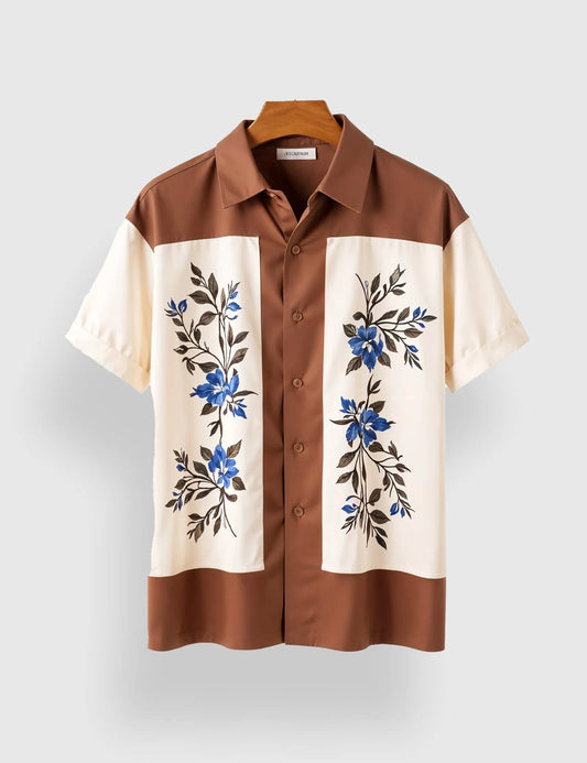 Brown & Cream Floral Printed Men’s Half Sleeve Shirt – Designer Summer Collection