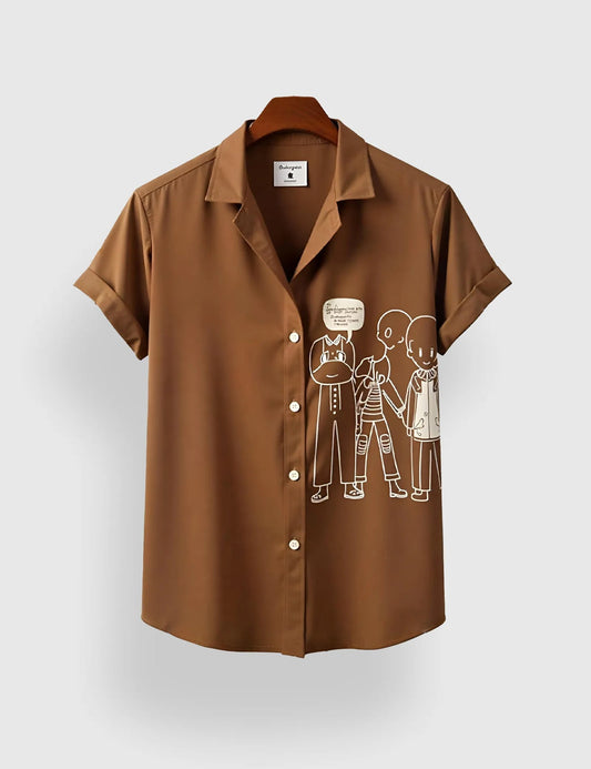 Brown Cartoon Outline Printed Men’s Half Sleeve Shirt – Trendy Casual Wear