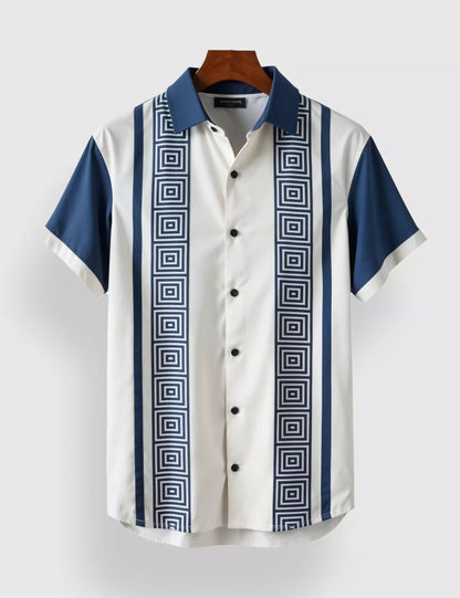Blue & White Geometric Striped Men’s Half Sleeve Casual Shirt – Premium Collection