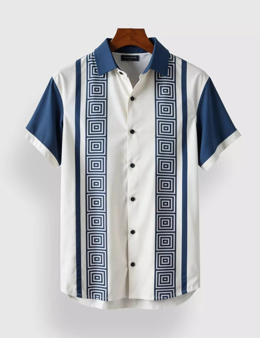 Blue & White Geometric Striped Men’s Half Sleeve Casual Shirt – Premium Collection