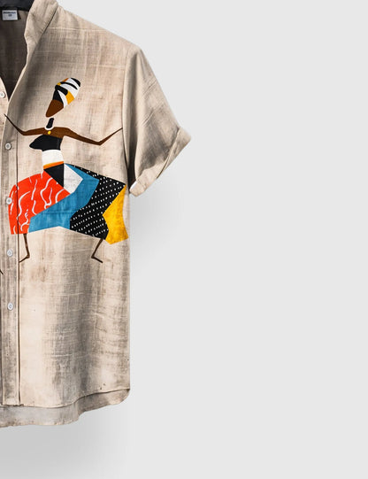 Cream Tribal Art Printed Men’s Half Sleeve Shirt – Exclusive Designer Collection