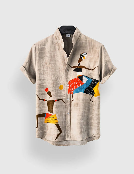Cream Tribal Art Printed Men’s Half Sleeve Shirt – Exclusive Designer Collection