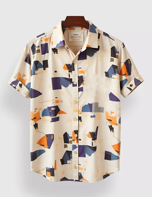 Cream Patch Work Printed Men’s Half Sleeve Shirt – Trendy Summer Casual