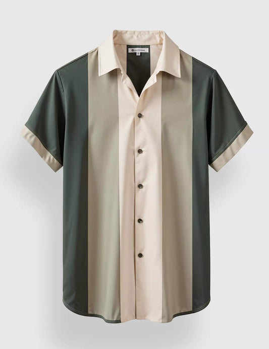 Cream & Green Vertical Striped Designer Men’s Half Sleeve Shirt