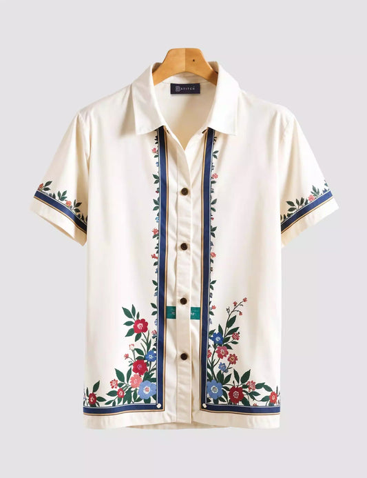 Cream Floral Border Print Men’s Half Sleeve Shirt – Summer Casual Designer