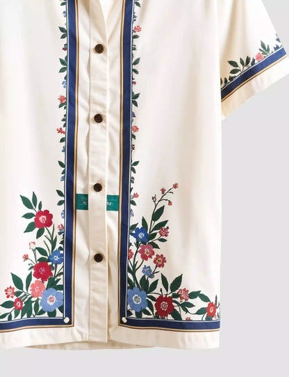Cream Floral Border Print Men’s Half Sleeve Shirt – Summer Casual Designer