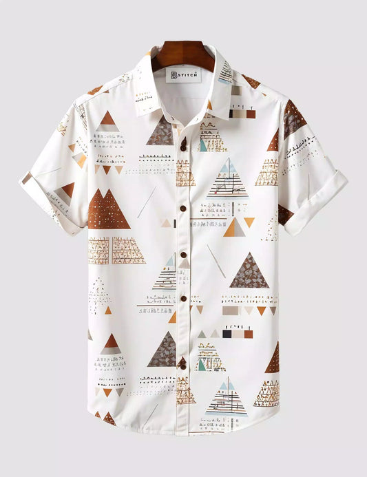 White Pyramid Print Men’s Half Sleeve Shirt – Casual Summer Designer