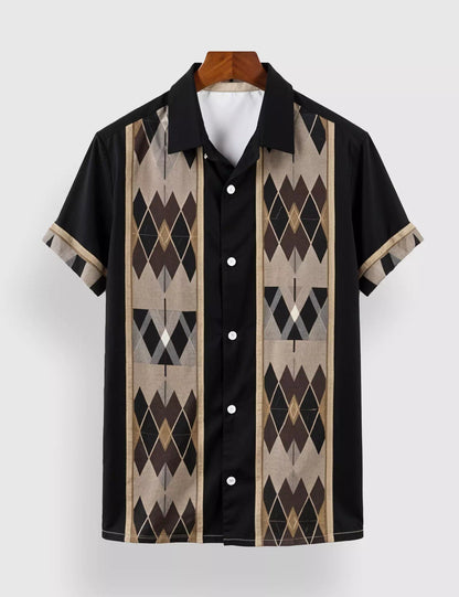 Black & Beige Geometric Arrow Print Men’s Half Sleeve Shirt – Casual Designer Collection