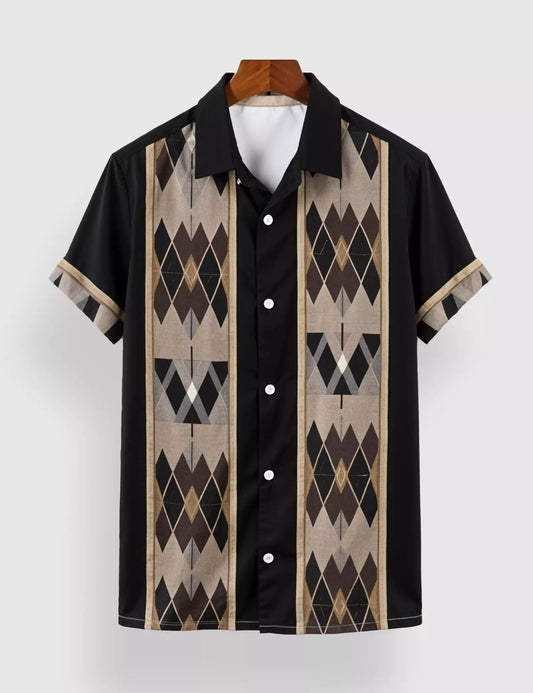 Black & Beige Geometric Arrow Print Men’s Half Sleeve Shirt – Casual Designer Collection