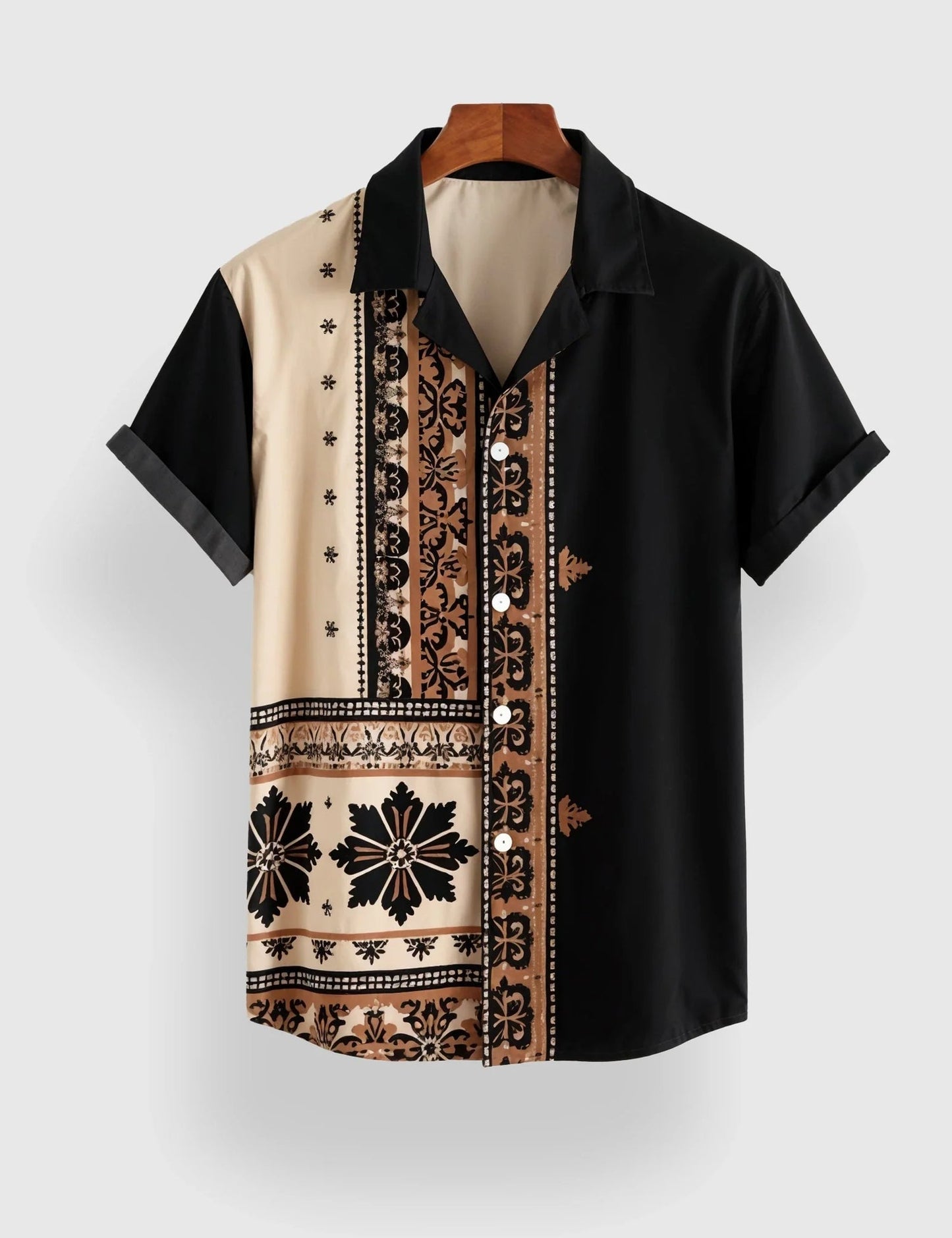 Black & Beige Patchwork Designer Half Sleeve Printed Shirt for Men
