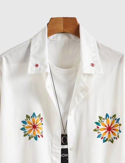 White Sunflower Floral Printed Men’s Half Sleeve Shirt – Summer Casual Collection