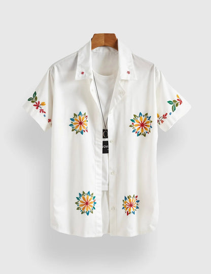 White Sunflower Floral Printed Men’s Half Sleeve Shirt – Summer Casual Collection