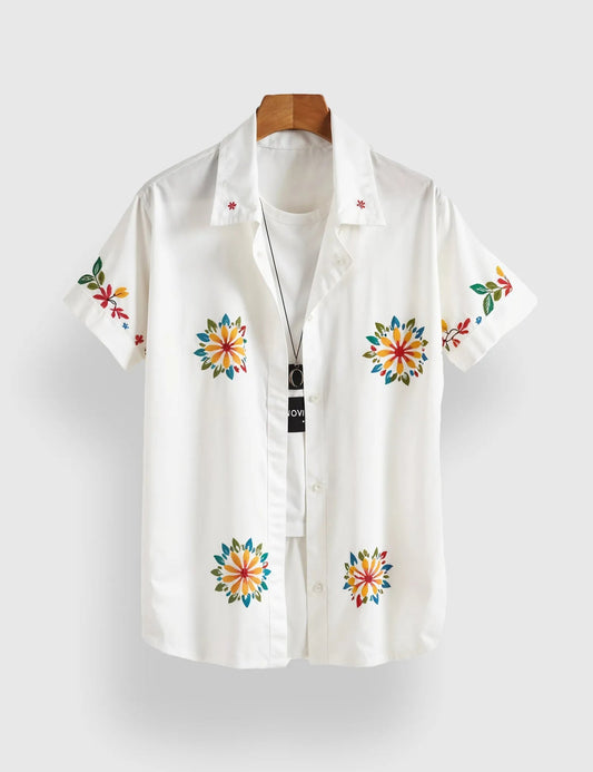 White Sunflower Floral Printed Men’s Half Sleeve Shirt – Summer Casual Collection