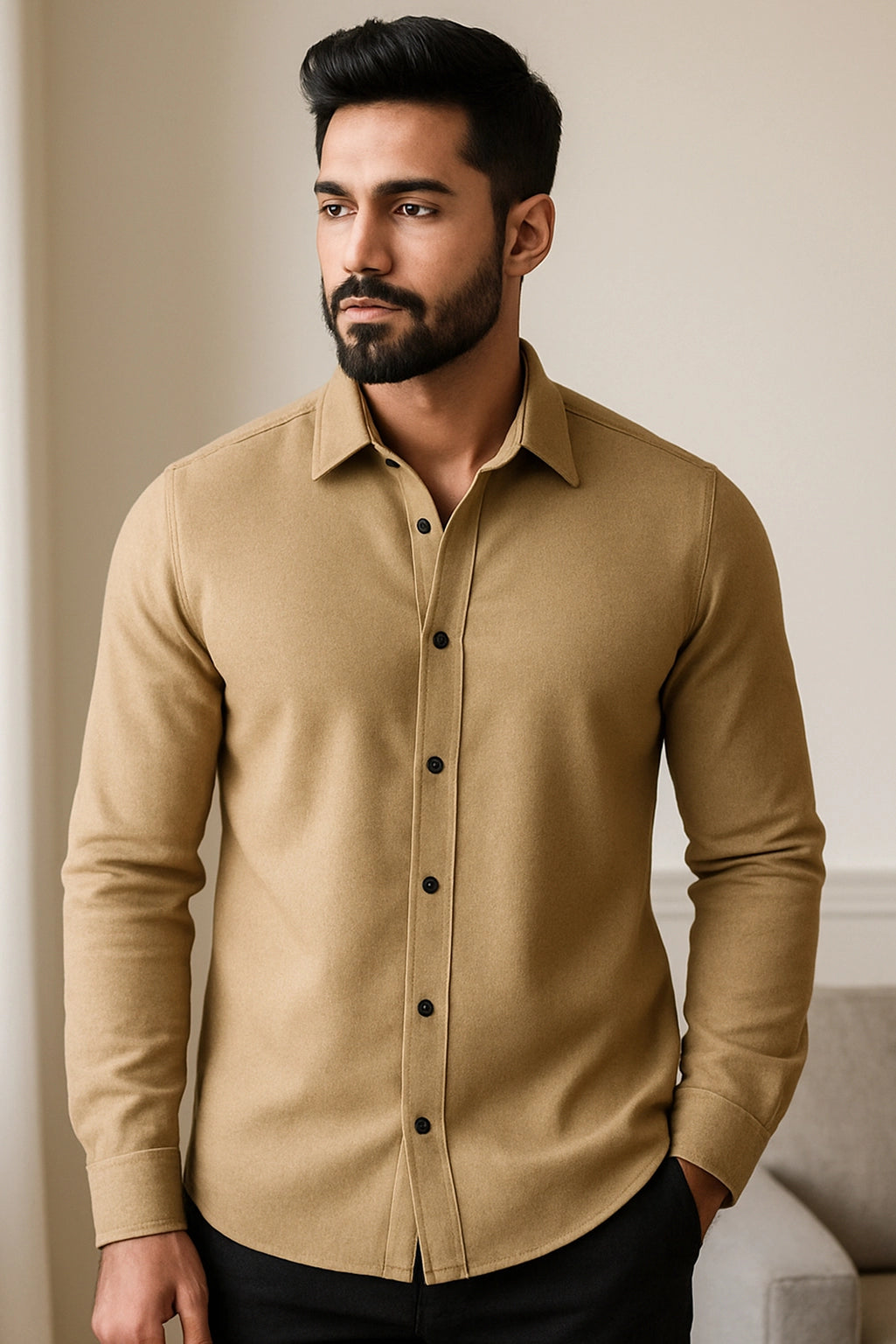 Brave Valvet Men’s Premium Full-Sleeve Button-Down Shirt – Apricot Beige